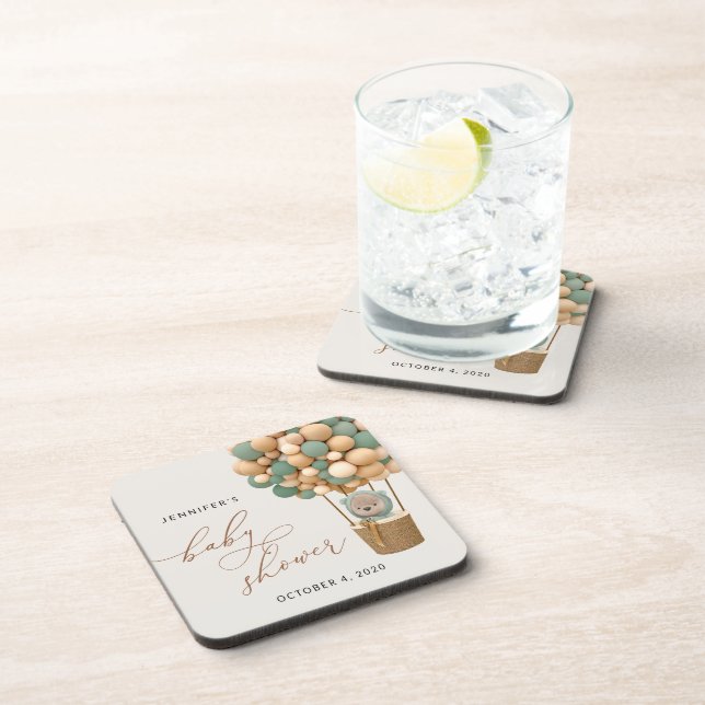 Bear, Green Balloons, Hot Air Balloon, Baby Shower Beverage Coaster (Right Side)