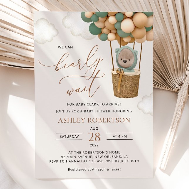 Bear, Green Balloons, Hot Air Balloon, Baby Shower Invitation (Creator Uploaded)
