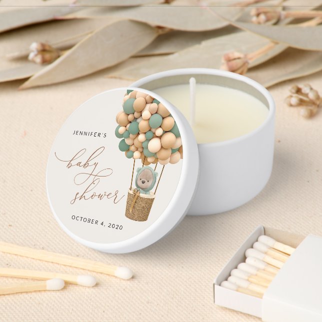 Bear, Green Balloons, Hot Air Balloon, Baby Shower Mini Candle Favors (Insitu)