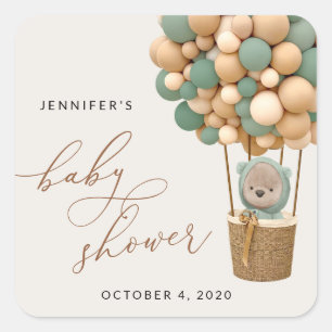Bear, Green Balloons, Hot Air Balloon, Baby Shower Square Sticker