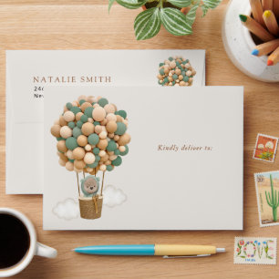 Bear, Green Balloons, Hot Air Balloon, Birthday Envelope