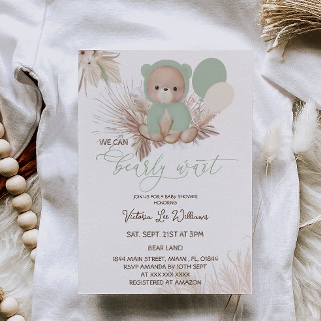 Bear Green Boho Baby Shower Invitation (Creator Uploaded)