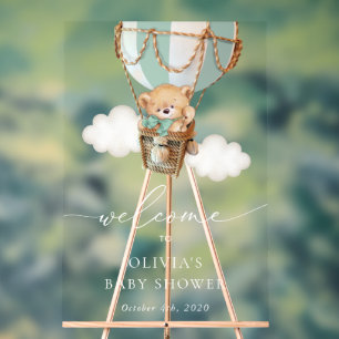 Bear, Green Hot Air Balloon, Baby Shower Welcome Acrylic Sign