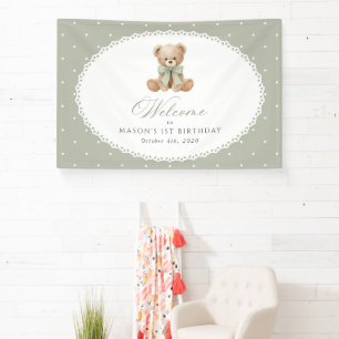Bear, Green Polka Dots, First Birthday Welcome Banner