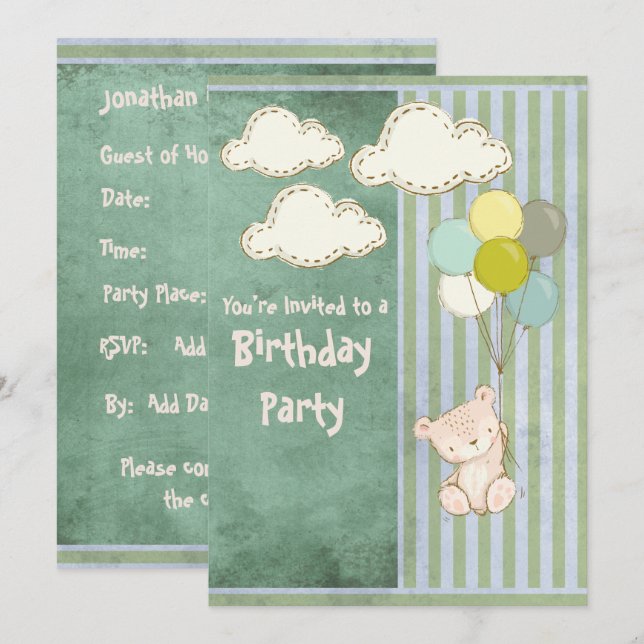 Bear Green Rustic Stripes Kids Birthday Invitation (Front/Back)