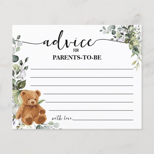 Bear Greenery Advice Mom & Dad Baby Shower Card Flyer (Front)