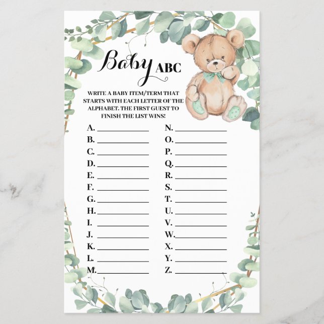 Bear Greenery Baby ABC Baby Shower Game Card Flyer (Front)