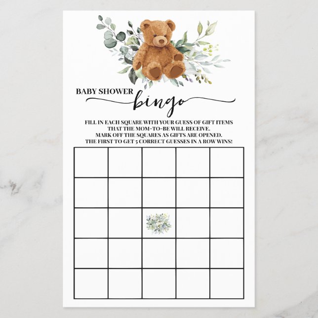 Bear Greenery Baby Shower Bingo Game Card Flyer (Front)