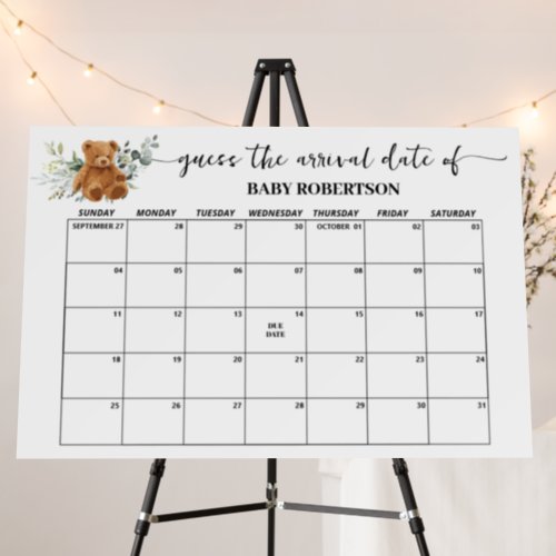 Bear Greenery Baby Shower Guess Due Date Calendar Foam Board