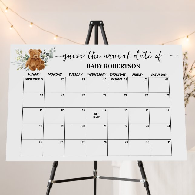 Bear Greenery Baby Shower Guess Due Date Calendar Foam Board (In Situ (Stand))