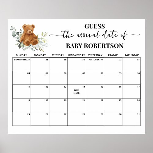 Bear Greenery Baby Shower Guess Due Date Calendar Poster