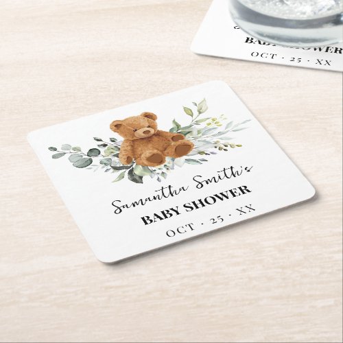 Bear Greenery Baby Shower Square Paper Coaster