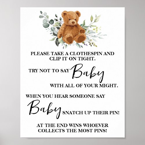 Bear Greenery Dont say Baby Clothespin Shower Game Poster