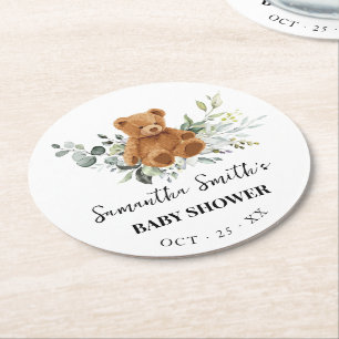 Bear Greenery Eucalyptus Baby Shower Round Paper Coaster