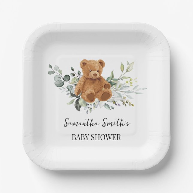 Bear Greenery Eucalyptus Baby Shower Square Paper Plates (Front)