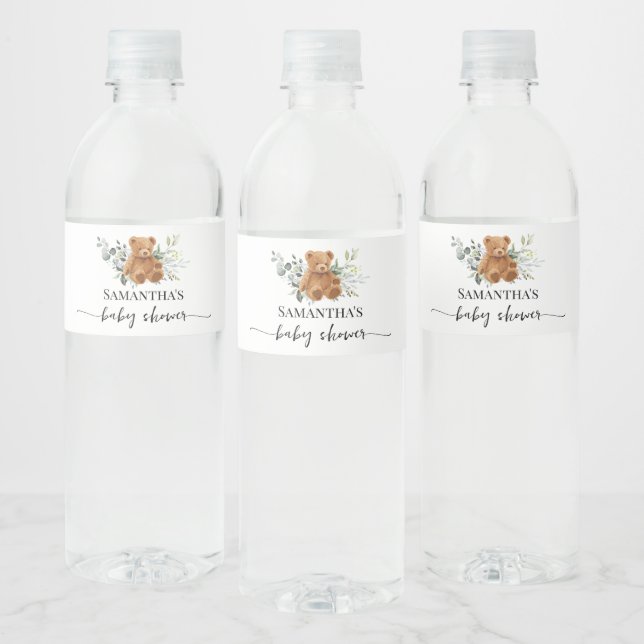 Bear Greenery Eucalyptus Baby Shower Water Bottle Label (Bottles)