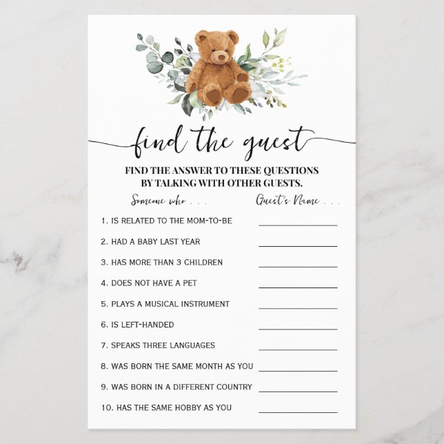 Bear Greenery Find the Guest Baby Shower Game Card Flyer (Front)