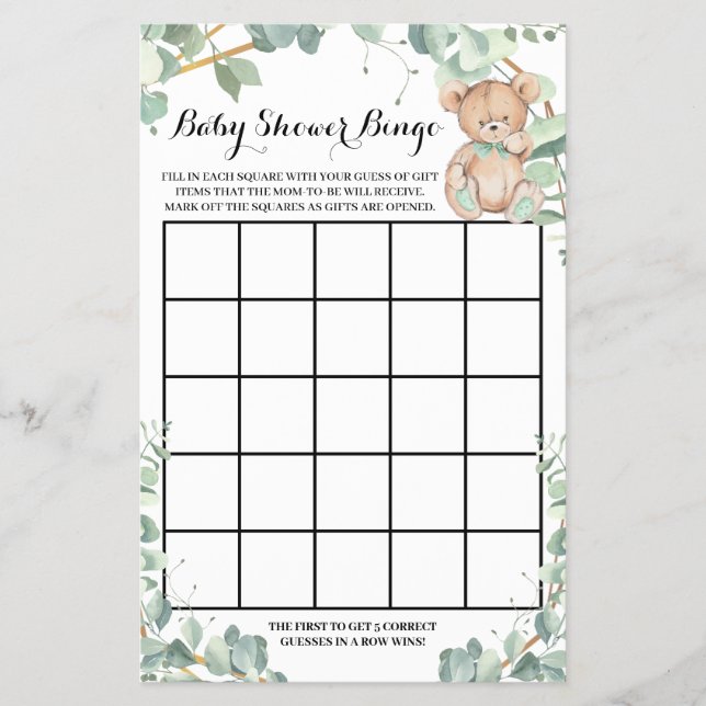 Bear Greenery Gold Baby Shower Bingo Game Card Flyer (Front)