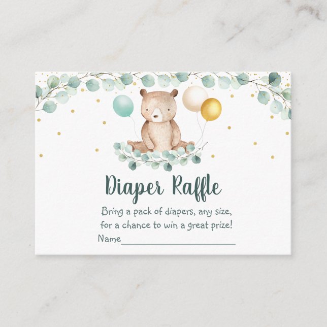 Bear Greenery Gold Baby Shower Diaper Raffle Enclosure Card (Front)