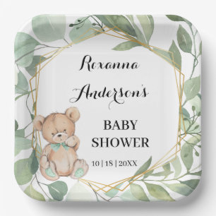 Bear Greenery Gold Baby Shower Paper Plates