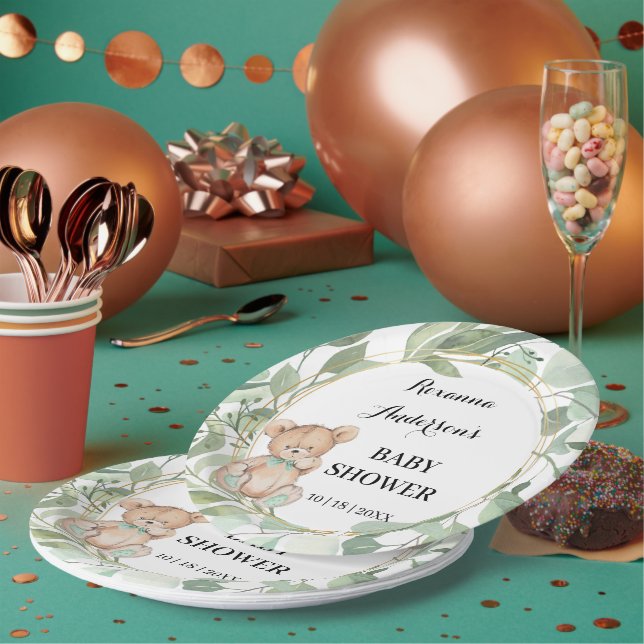 Bear Greenery Gold Baby Shower Paper Plates (Multi)
