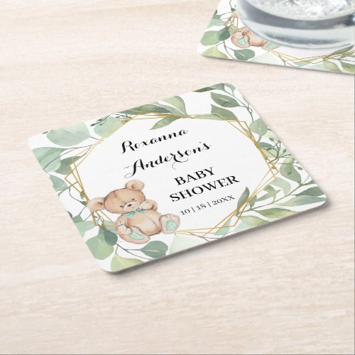 Bear Greenery Gold Baby Shower Square Paper Coaster