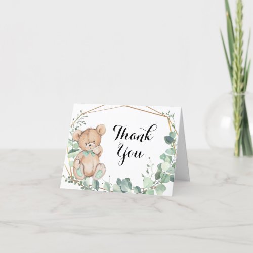 Bear Greenery Gold Baby Shower Thank you Card