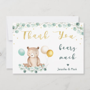 Bear Greenery Gold Baby Shower Thank You Card