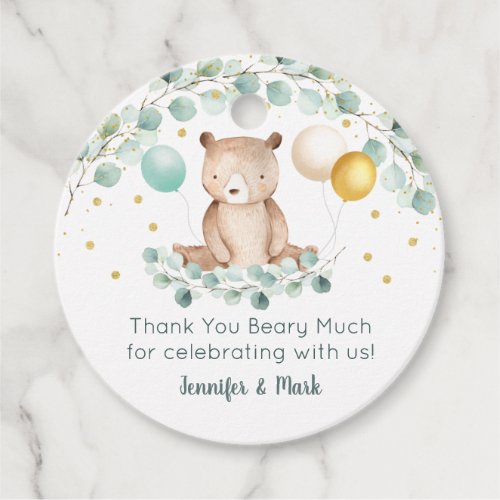 Bear Greenery Gold Baby Shower Thank You Favor Tags