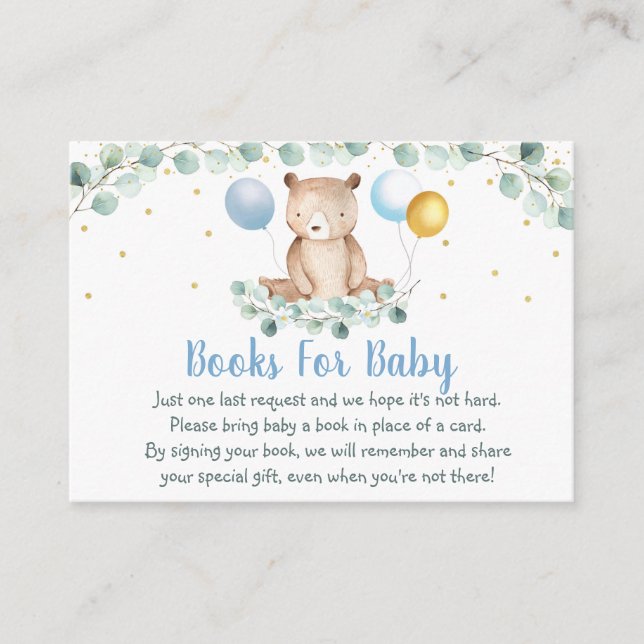 Bear Greenery Gold Blue Baby Shower Book Request Enclosure Card (Front)