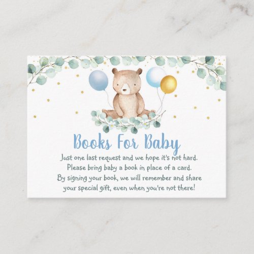 Bear Greenery Gold Blue Baby Shower Book Request Enclosure Card