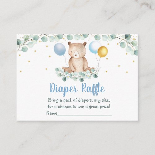 Bear Greenery Gold Blue Baby Shower Diaper Raffle Enclosure Card