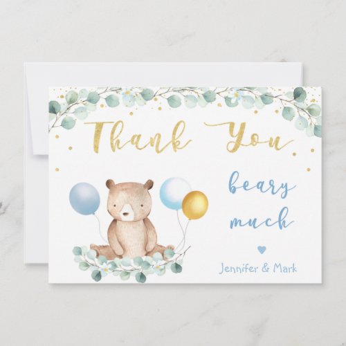Bear Greenery Gold Blue Baby Shower Thank You