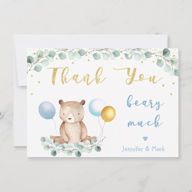 Bear Greenery Gold Blue Baby Shower Thank You Card (Front)