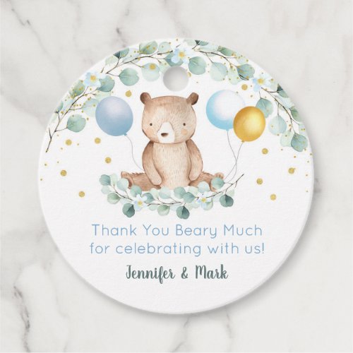 Bear Greenery Gold Blue Baby Shower Thank You Favor Tags