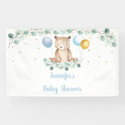 Bear Greenery Gold Blue Boy Baby Shower Banner