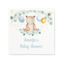 Bear Greenery Gold Blue Boy Baby Shower Napkins