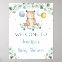 Bear Greenery Gold Blue Boy Baby Shower Welcome Poster