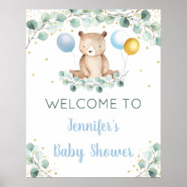 Bear Greenery Gold Blue Boy Baby Shower Welcome Poster