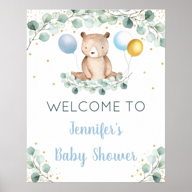 Bear Greenery Gold Blue Boy Baby Shower Welcome Poster (Front)