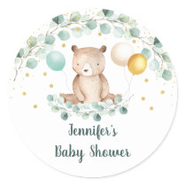 Bear Greenery Gold Gender Neutral Baby Shower Classic Round Sticker