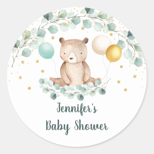 Bear Greenery Gold Gender Neutral Baby Shower Classic Round Sticker
