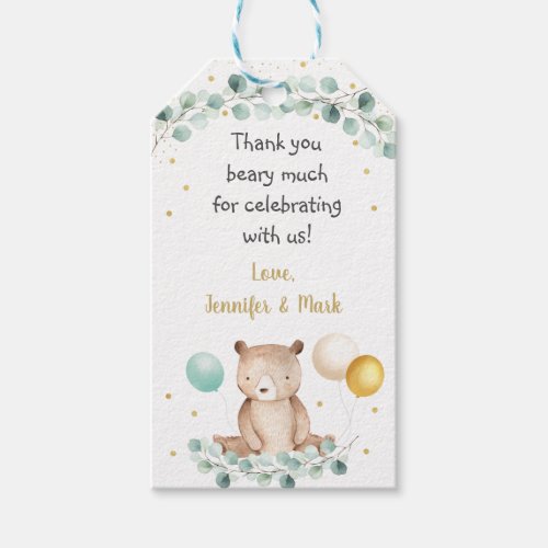 Bear Greenery Gold Gender Neutral Baby Shower Gift Tags
