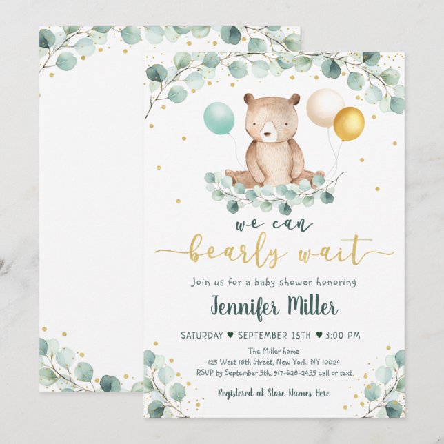 Bear Greenery Gold Gender Neutral Baby Shower Invitation (Front/Back)