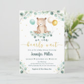 Bear Greenery Gold Gender Neutral Baby Shower Invitation (Standing Front)