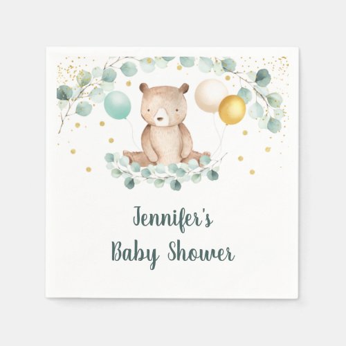 Bear Greenery Gold Gender Neutral Baby Shower Napkins