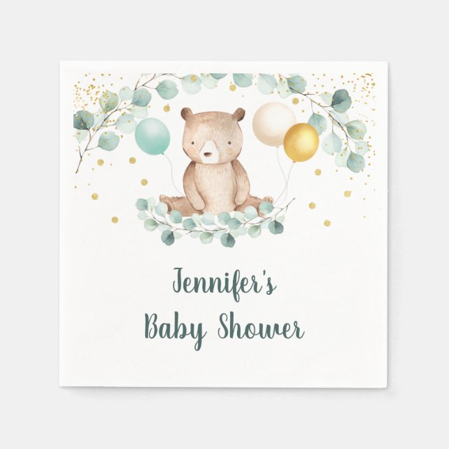 Bear Greenery Gold Gender Neutral Baby Shower Napkins (Front)