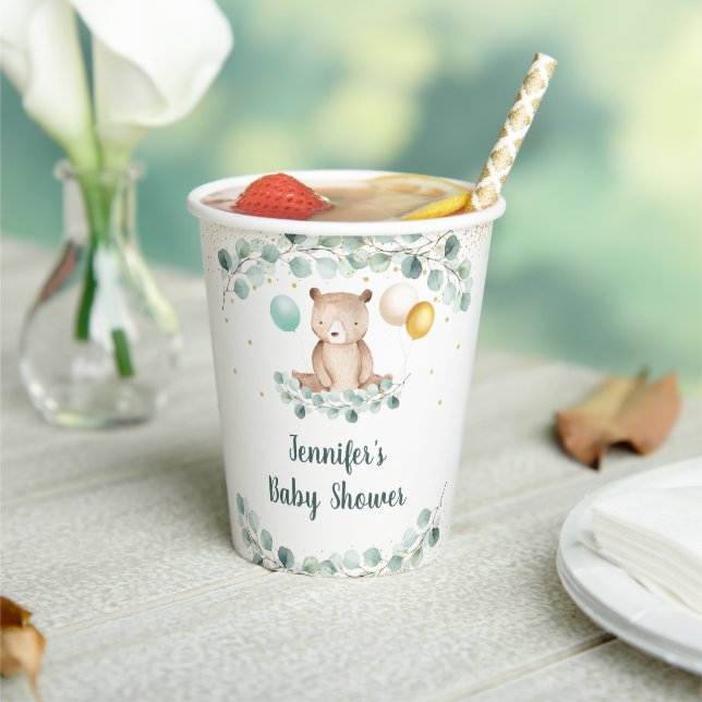 Bear Greenery Gold Gender Neutral Baby Shower Paper Cups (Insitu)