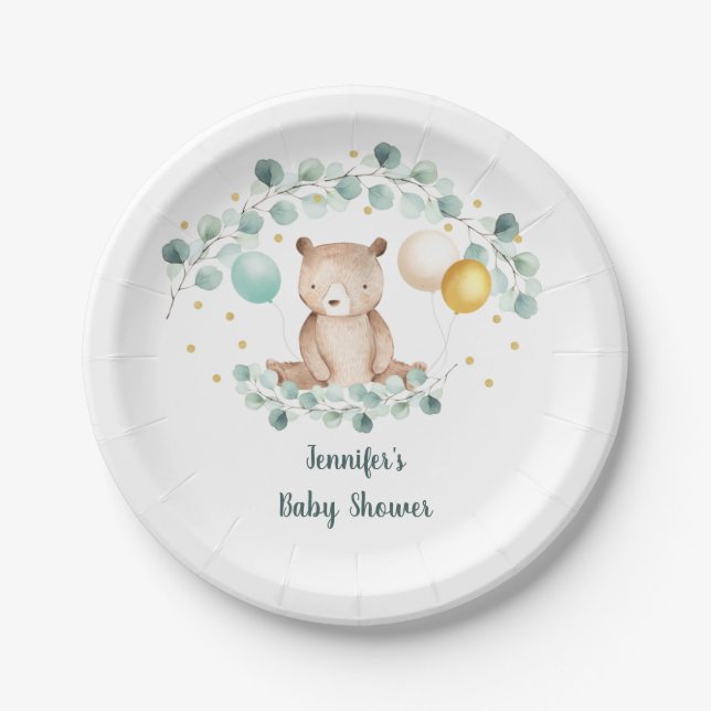 Bear Greenery Gold Gender Neutral Baby Shower Paper Plates (Front)