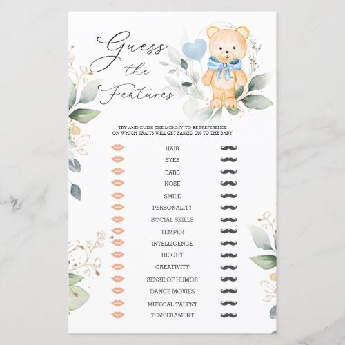 Bear Greenery Guess Baby Features Baby Shower Game